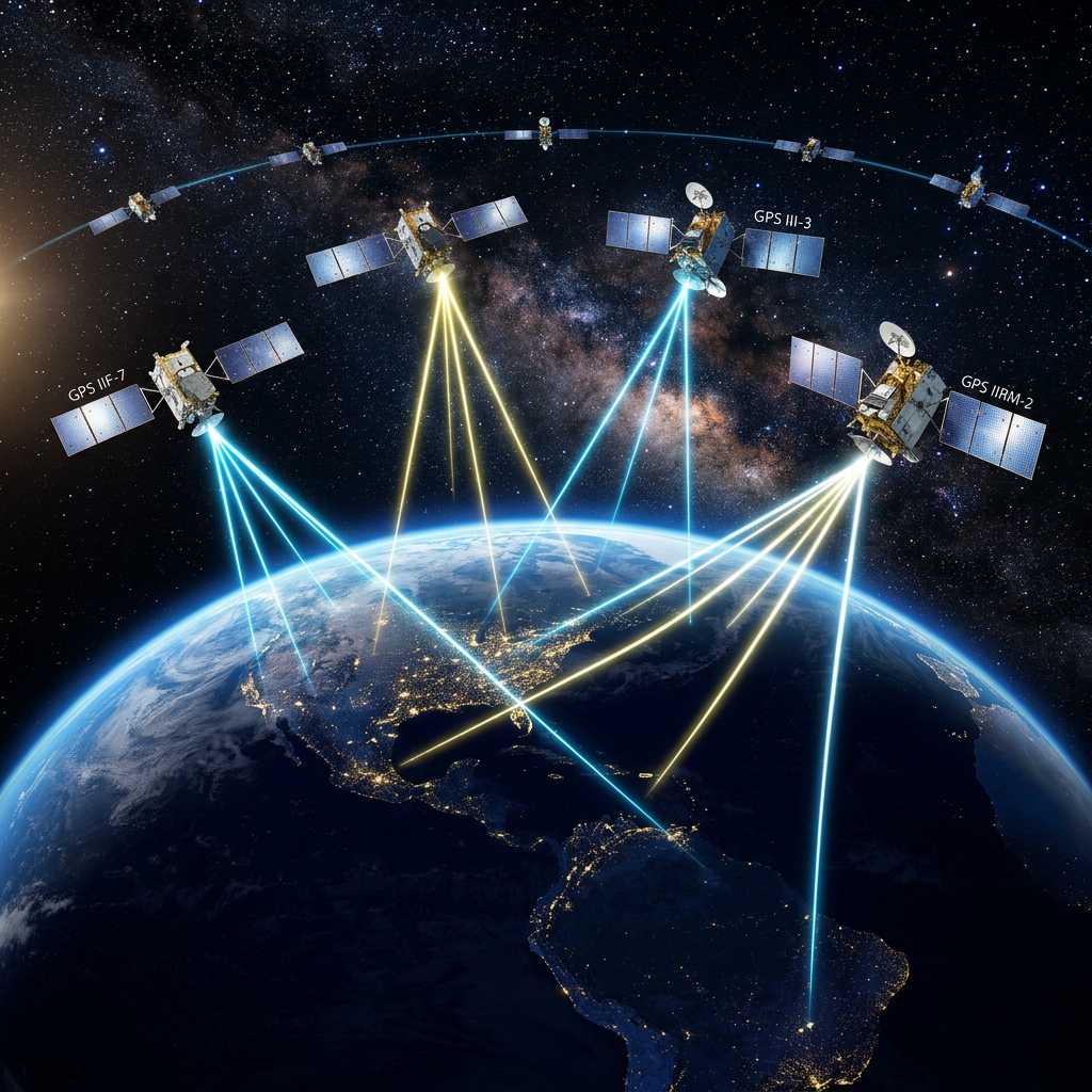 Satellites labeled GPS IIF-7, GPS III-3, and GPS IIRM-2 sending signals to Earth over North and South America