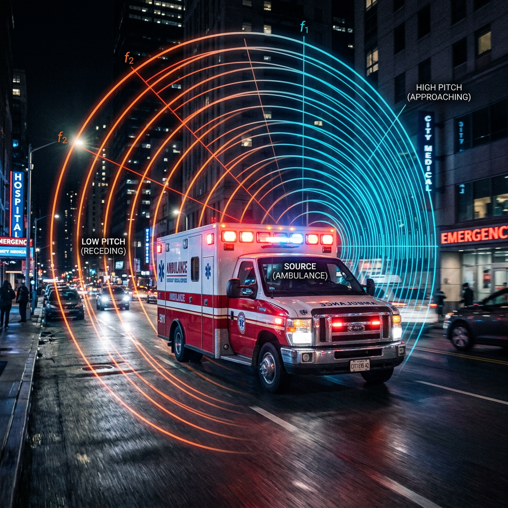 Ambulance with Doppler effect waves illustrating low pitch receding and high pitch approaching